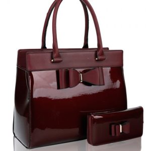 2IN1 Bow Glossy Handbag & Wallet Purse Patent Leather Tote Shoulder Bag