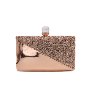 Half Glossy Half Glitter Evening Clutch With Crystal Clasp