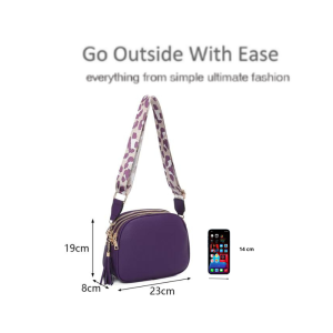 Ladies Triple Zip Printed Wide Strap Tassel Charm Lightweight PU Leather Shoulder Handbag Crossbody Bag - Image 2