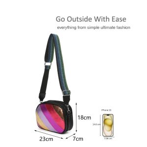 Triple Zip Shiny Metallic Shade Rainbow Stripes Crossbody Bag - Image 4