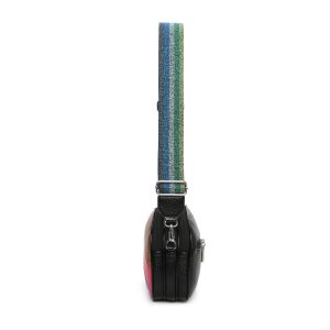 Triple Zip Shiny Metallic Shade Rainbow Stripes Crossbody Bag - Image 5