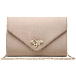 Gold Bee Detail Small Faux Suede Clutch Evening Handbag - Image 1