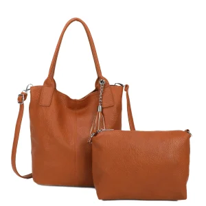 Tassel Accent Faux Leather Tote Bag with Matching Pouch