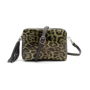Italian Genuine Leather Leopard Print Tassel Charm CrossbodyBag