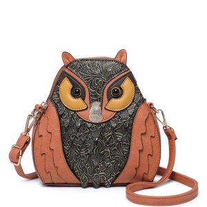 Intricate Embossed Rhinestone Accents Owl Shaped Handbag