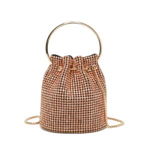 Chain Strap Metal Handle Rhinestone Bucket Handbag - Image 4