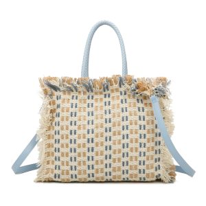 Dual Straps Fringe Detail Chic Woven Tote Handbag
