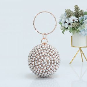 Ring Handle Round Pearl-Embellished Evening Clutch