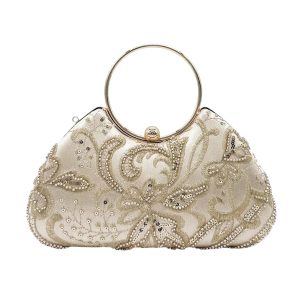 Floral Beading Embellished Round Handle Clutch Purse - Image 1