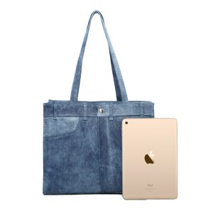 Stylish Denim Shoulder Bag with Zipper Closure & Pockets - Image 3
