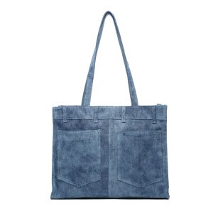 Stylish Denim Shoulder Bag with Zipper Closure & Pockets - Image 5