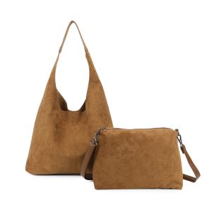 Modern Faux Suede Spacious Shopping Shoulder Tote Bag Wide Strap - Image 1