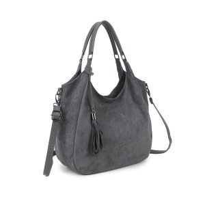 Faux Suede Tassel Tote Bag Dual Handles Detachable Strap - Image 3