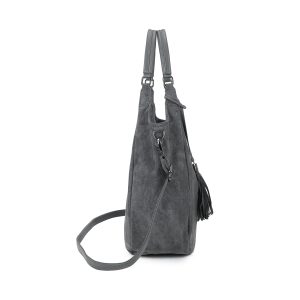 Faux Suede Tassel Tote Bag Dual Handles Detachable Strap - Image 4
