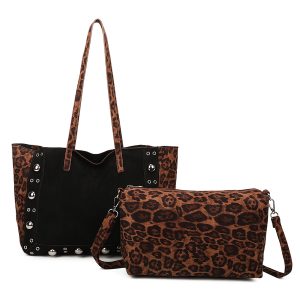 Stylish Leopard Print Studded Tote Crossbody Bag Set