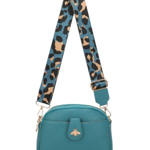 Trendy Crossbody Bag Wide Patterned Strap and Bee Accent - Image 1