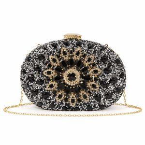 Floral Sparkling Oval Diamante Evening Clutch Bag Purse - Image 1