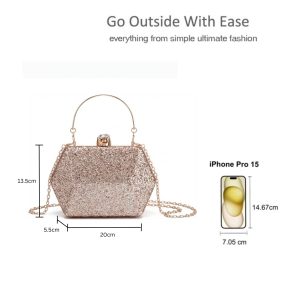 Glitter Evening Clutch Bag with Chain Strap and Crystal Clasp - Image 2