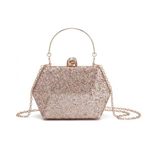 Glitter Evening Clutch Bag with Chain Strap and Crystal Clasp - Image 1