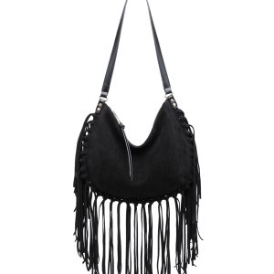 Vegan Suede Fringe Hobo Shoulder Bag with Tassel Detail - Image 7