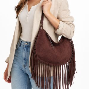Vegan Suede Fringe Hobo Shoulder Bag with Tassel Detail - Image 3