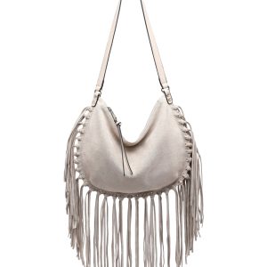 Vegan Suede Fringe Hobo Shoulder Bag with Tassel Detail - Image 9