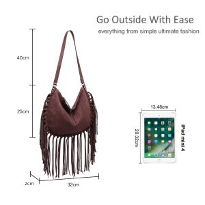 Vegan Suede Fringe Hobo Shoulder Bag with Tassel Detail - Image 2