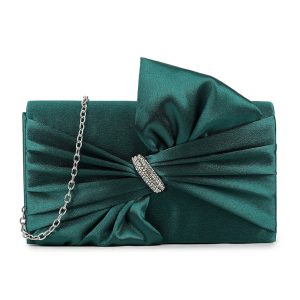 Pleated Satin Bow Rhinestone Accent Clutch Evening Bag