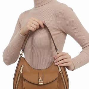 Hobo Shoulder Bag with Front Pocket and Double Zip Detail - Image 3
