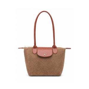 Suede Tote Shoulder Bag with Long Handles and Flap Detail - Image 1