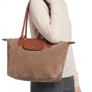 Suede Tote Shoulder Bag with Long Handles and Flap Detail - Image 3