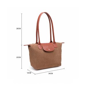 Suede Tote Shoulder Bag with Long Handles and Flap Detail - Image 2
