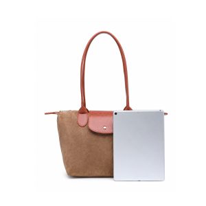 Suede Tote Shoulder Bag with Long Handles and Flap Detail - Image 4